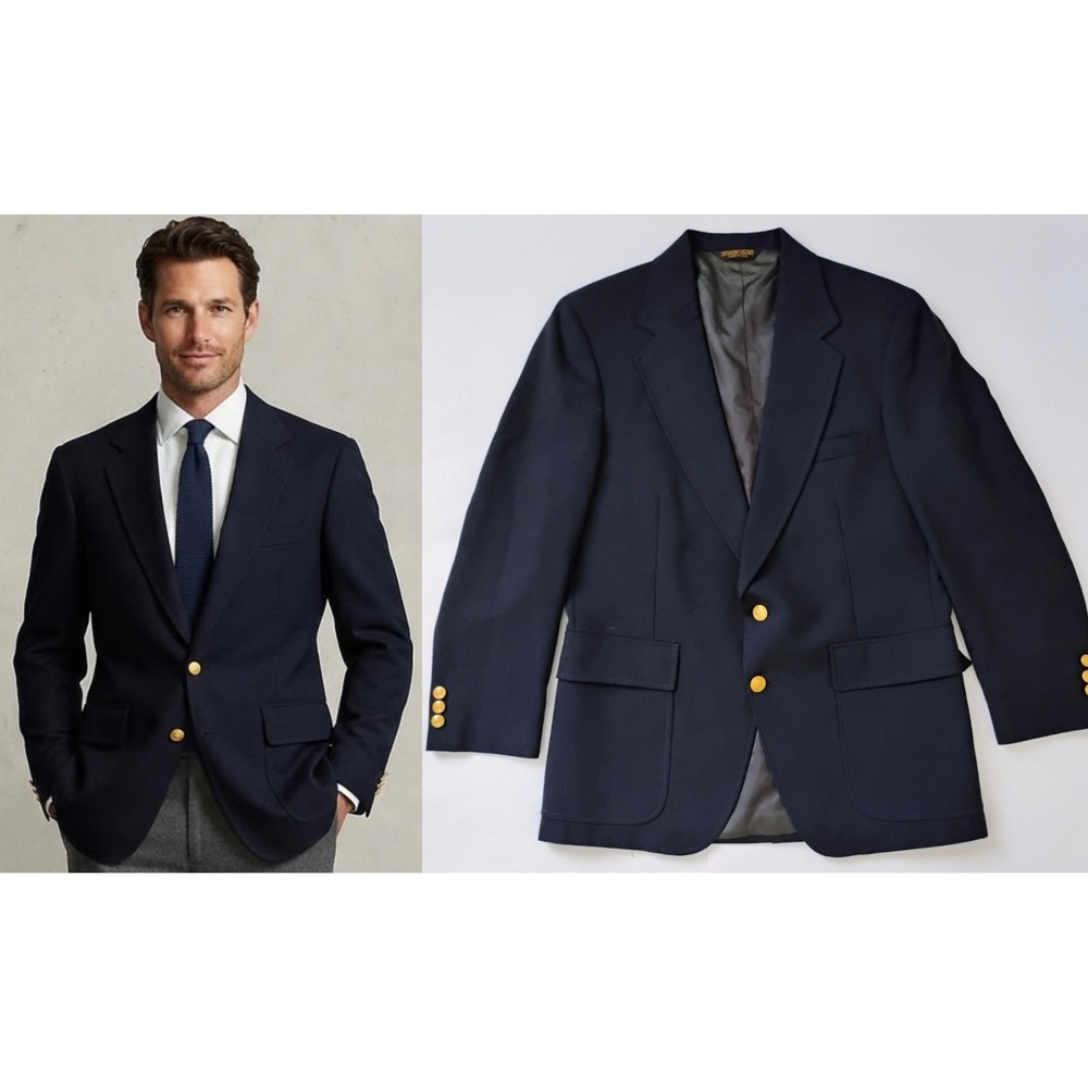 VTG Adams Row Wool Blazer Mens 40 Navy Blue Gold Crest Button Sport Coat USA